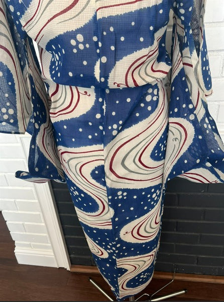 Japanese Vintage Yukata – Blue & White Swirl Wave Print, Petite Size Cotton Kimono, Hand-Sewn