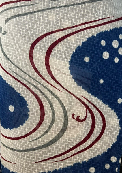 Japanese Vintage Yukata – Blue & White Swirl Wave Print, Petite Size Cotton Kimono, Hand-Sewn