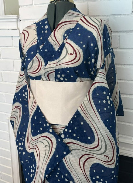 Japanese Vintage Yukata – Blue & White Swirl Wave Print, Petite Size Cotton Kimono, Hand-Sewn