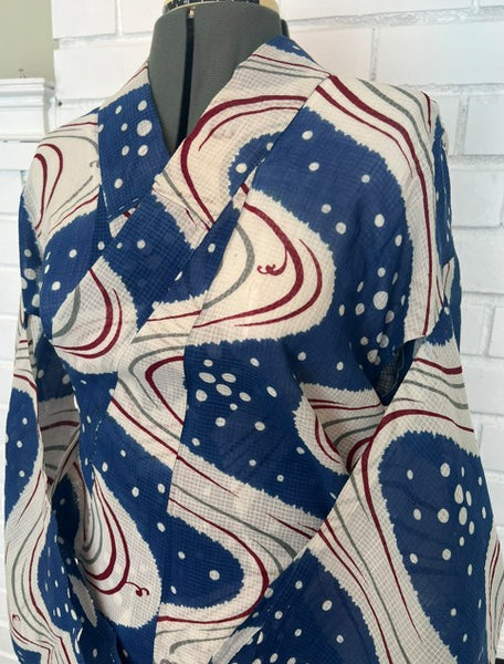 Japanese Vintage Yukata – Blue & White Swirl Wave Print, Petite Size Cotton Kimono, Hand-Sewn