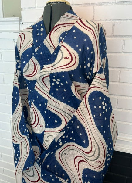 Japanese Vintage Yukata – Blue & White Swirl Wave Print, Petite Size Cotton Kimono, Hand-Sewn