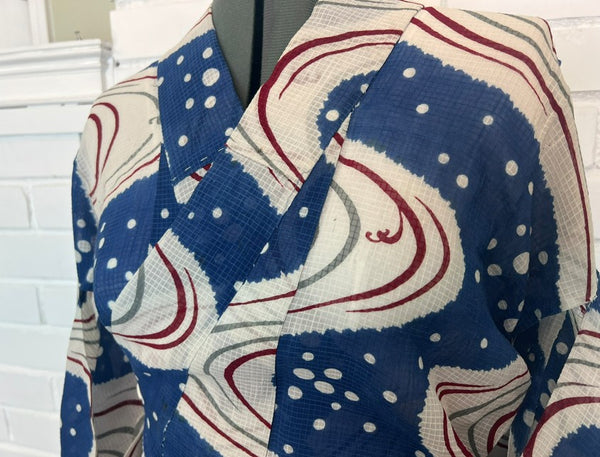 Japanese Vintage Yukata – Blue & White Swirl Wave Print, Petite Size Cotton Kimono, Hand-Sewn