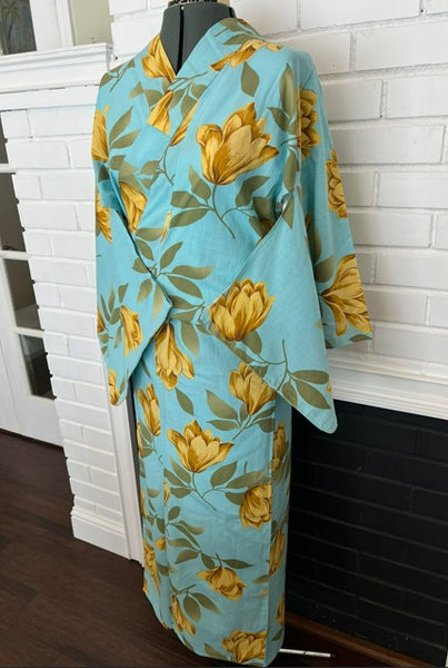 Japanese Vintage Yukata – Turquoise Blue with Golden Tulip Print, Women's Cotton Kimono, Size: S-M
