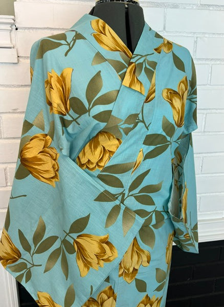 Japanese Vintage Yukata – Turquoise Blue with Golden Tulip Print, Women's Cotton Kimono, Size: S-M