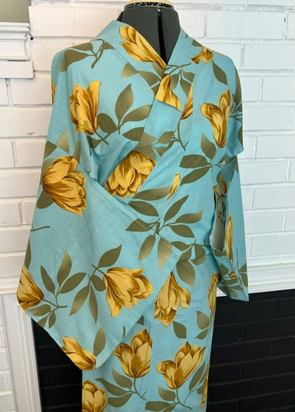 Japanese Vintage Yukata – Turquoise Blue with Golden Tulip Print, Women's Cotton Kimono, Size: S-M