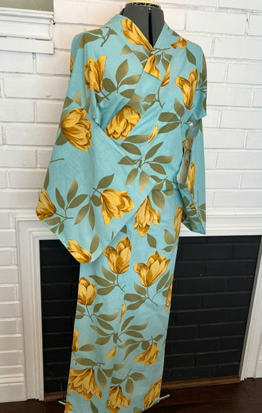 Japanese Vintage Yukata – Turquoise Blue with Golden Tulip Print, Women's Cotton Kimono, Size: S-M