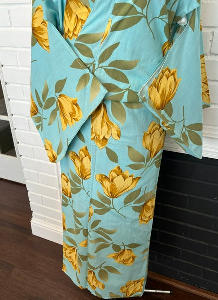 Japanese Vintage Yukata – Turquoise Blue with Golden Tulip Print, Women's Cotton Kimono, Size: S-M