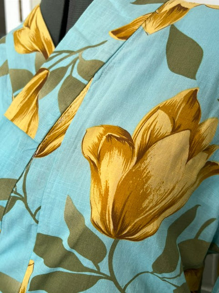 Japanese Vintage Yukata – Turquoise Blue with Golden Tulip Print, Women's Cotton Kimono, Size: S-M