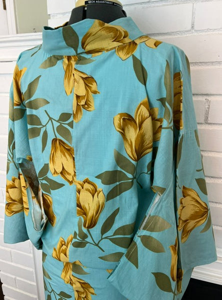 Japanese Vintage Yukata – Turquoise Blue with Golden Tulip Print, Women's Cotton Kimono, Size: S-M