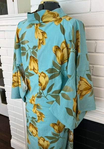 Japanese Vintage Yukata – Turquoise Blue with Golden Tulip Print, Women's Cotton Kimono, Size: S-M