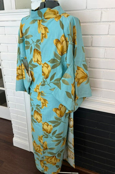 Japanese Vintage Yukata – Turquoise Blue with Golden Tulip Print, Women's Cotton Kimono, Size: S-M