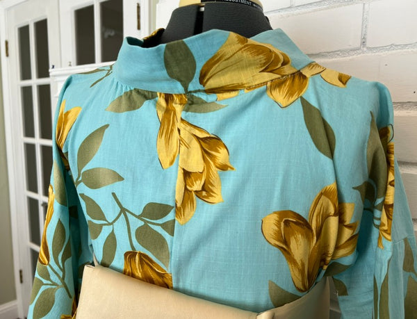 Japanese Vintage Yukata – Turquoise Blue with Golden Tulip Print, Women's Cotton Kimono, Size: S-M