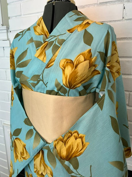 Japanese Vintage Yukata – Turquoise Blue with Golden Tulip Print, Women's Cotton Kimono, Size: S-M