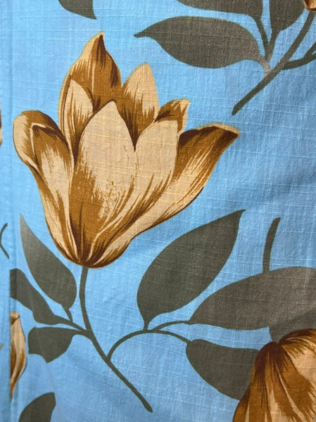 Japanese Vintage Yukata – Turquoise Blue with Golden Tulip Print, Women's Cotton Kimono, Size: S-M
