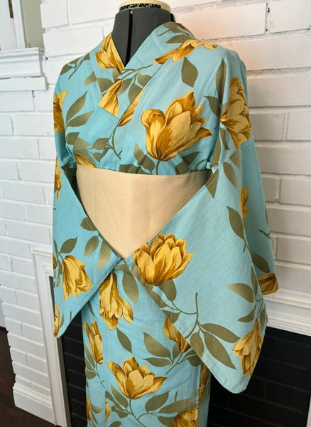 Japanese Vintage Yukata – Turquoise Blue with Golden Tulip Print, Women's Cotton Kimono, Size: S-M