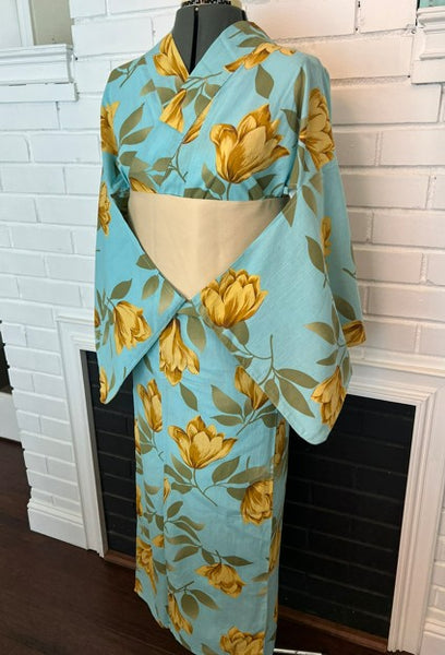 Japanese Vintage Yukata – Turquoise Blue with Golden Tulip Print, Women's Cotton Kimono, Size: S-M
