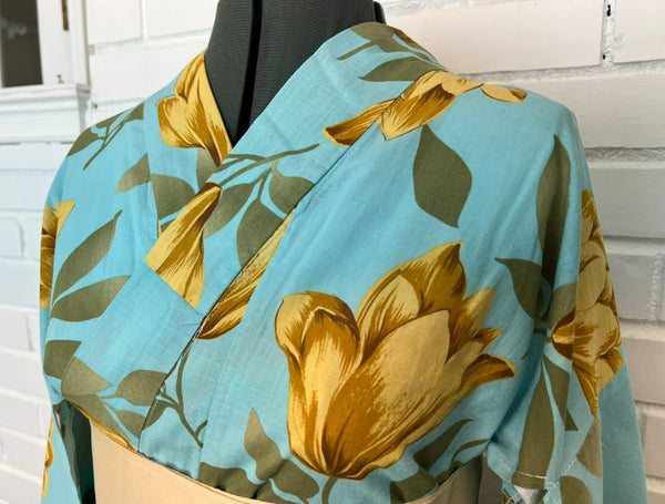 Japanese Vintage Yukata – Turquoise Blue with Golden Tulip Print, Women's Cotton Kimono, Size: S-M
