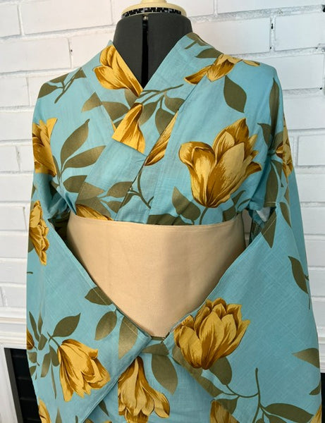 Japanese Vintage Yukata – Turquoise Blue with Golden Tulip Print, Women's Cotton Kimono, Size: S-M