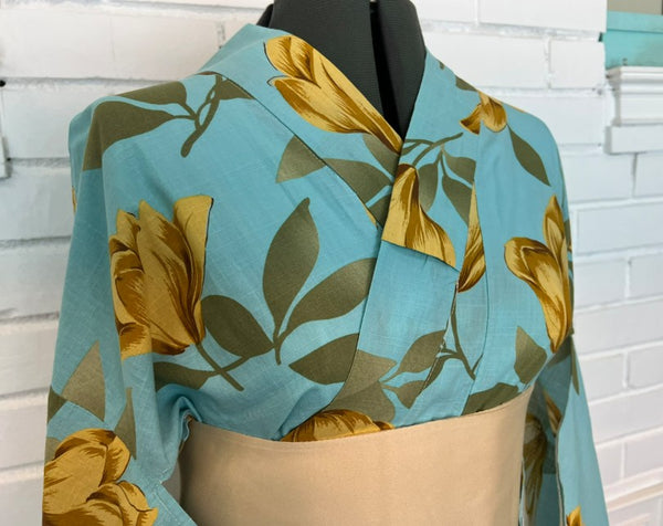 Japanese Vintage Yukata – Turquoise Blue with Golden Tulip Print, Women's Cotton Kimono, Size: S-M