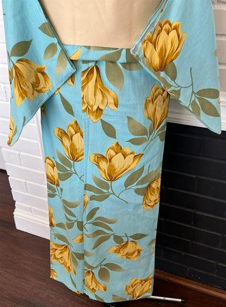 Japanese Vintage Yukata – Turquoise Blue with Golden Tulip Print, Women's Cotton Kimono, Size: S-M