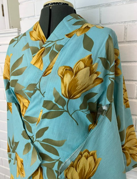 Japanese Vintage Yukata – Turquoise Blue with Golden Tulip Print, Women's Cotton Kimono, Size: S-M
