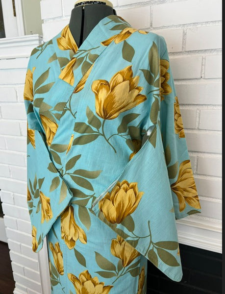 Japanese Vintage Yukata – Turquoise Blue with Golden Tulip Print, Women's Cotton Kimono, Size: S-M