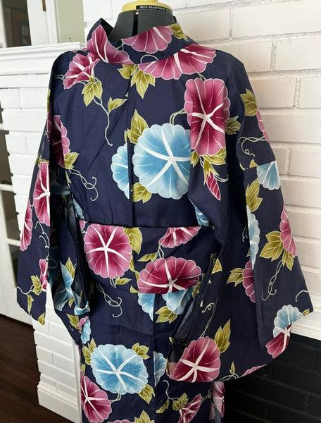Japanese Yukata – Morning Glory Floral Pattern, New, Navy Blue Cotton Summer Kimono, Size XL