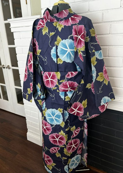 Japanese Yukata – Morning Glory Floral Pattern, New, Navy Blue Cotton Summer Kimono, Size XL