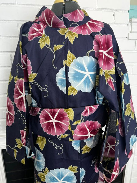 Japanese Yukata – Morning Glory Floral Pattern, New, Navy Blue Cotton Summer Kimono, Size XL