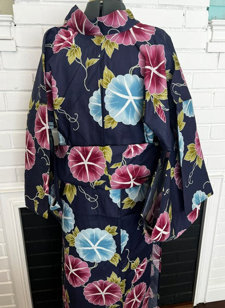 Japanese Yukata – Morning Glory Floral Pattern, New, Navy Blue Cotton Summer Kimono, Size XL