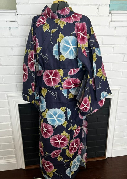 Japanese Yukata – Morning Glory Floral Pattern, New, Navy Blue Cotton Summer Kimono, Size XL