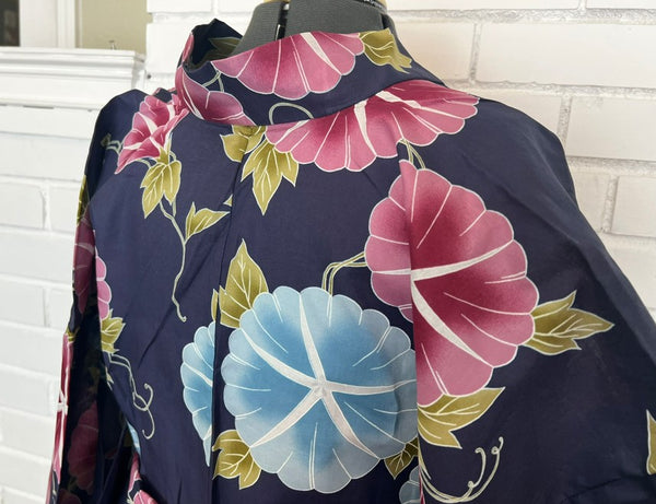 Japanese Yukata – Morning Glory Floral Pattern, New, Navy Blue Cotton Summer Kimono, Size XL