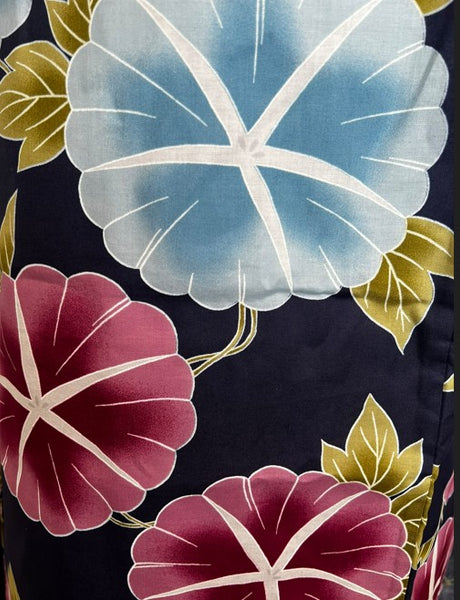 Japanese Yukata – Morning Glory Floral Pattern, New, Navy Blue Cotton Summer Kimono, Size XL