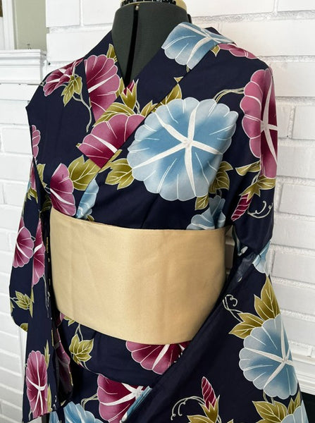 Japanese Yukata – Morning Glory Floral Pattern, New, Navy Blue Cotton Summer Kimono, Size XL