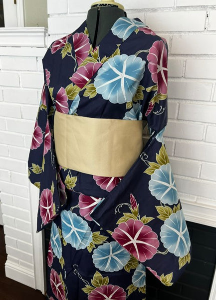 Japanese Yukata – Morning Glory Floral Pattern, New, Navy Blue Cotton Summer Kimono, Size XL