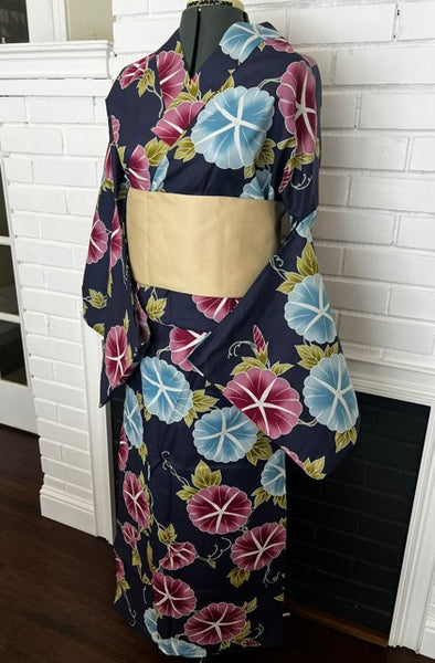 Japanese Yukata – Morning Glory Floral Pattern, New, Navy Blue Cotton Summer Kimono, Size XL