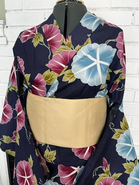 Japanese Yukata – Morning Glory Floral Pattern, New, Navy Blue Cotton Summer Kimono, Size XL