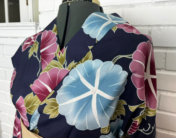 Japanese Yukata – Morning Glory Floral Pattern, New, Navy Blue Cotton Summer Kimono, Size XL