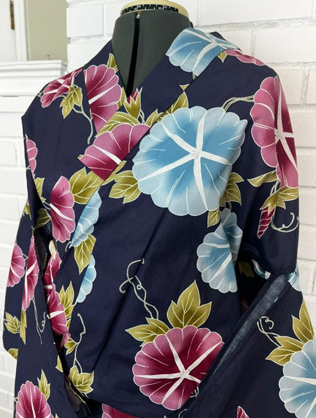 Japanese Yukata – Morning Glory Floral Pattern, New, Navy Blue Cotton Summer Kimono, Size XL