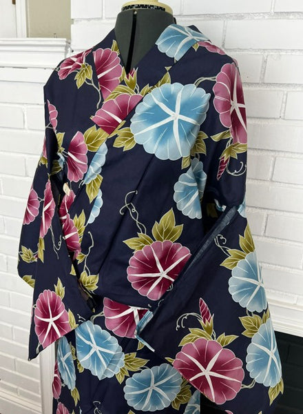 Japanese Yukata – Morning Glory Floral Pattern, New, Navy Blue Cotton Summer Kimono, Size XL
