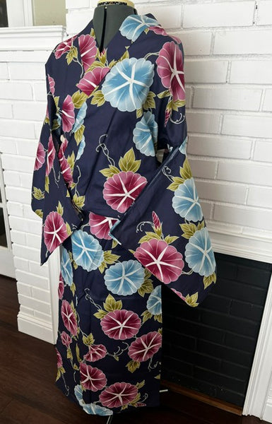 Japanese Yukata – Morning Glory Floral Pattern, New, Navy Blue Cotton Summer Kimono, Size XL
