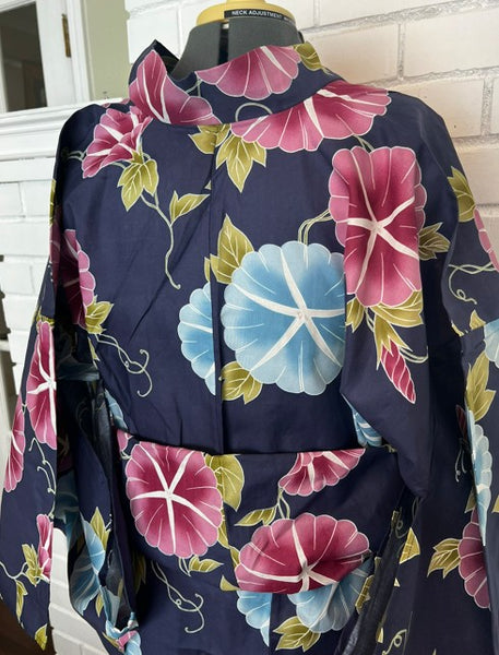 Japanese Yukata – Morning Glory Floral Pattern, New, Navy Blue Cotton Summer Kimono, Size XL