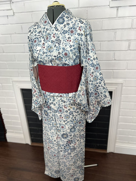 WASHABLE KIMONO and OBI 2 pc set, Blue Floral, Size: M / Japanese Traditional Women's Summer Kimono and Han-haba Obi