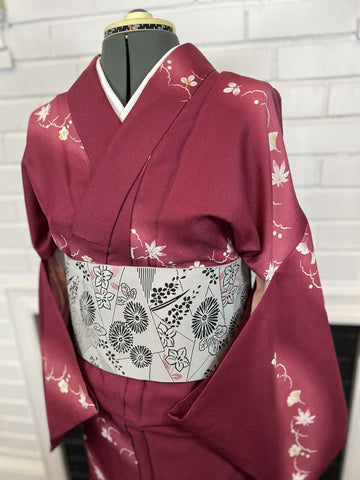 WASHABLE KIMONO and OBI 2 pc set, Maple and Cherry Blossoms, Size: M / Japanese Traditional Women's Summer Kimono and Han-haba Obi