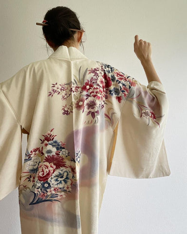 Japanese Traditional Embroidered Floral Haori Kimono Jacket